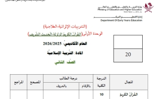 تدريبات الوحدة الأولى (القرآن الكريم الزلزلة - الحديث الشريف) تربية اسلامية الصف الثاني منتصف الفصل الثاني